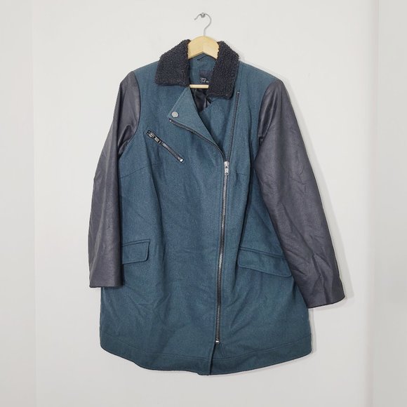 Asos Curve Faux Leather Zip Moto Jacket Wool Blend Coat Black Teal Plus Size 16 - Picture 1 of 13